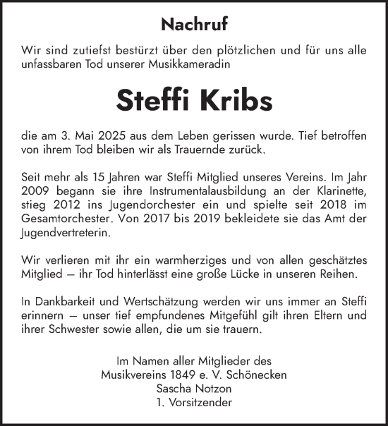 Traueranzeige von Stefanie Kribs von trierischer_volksfreund