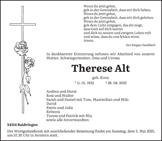 Traueranzeige von Therese Alt von trierischer_volksfreund