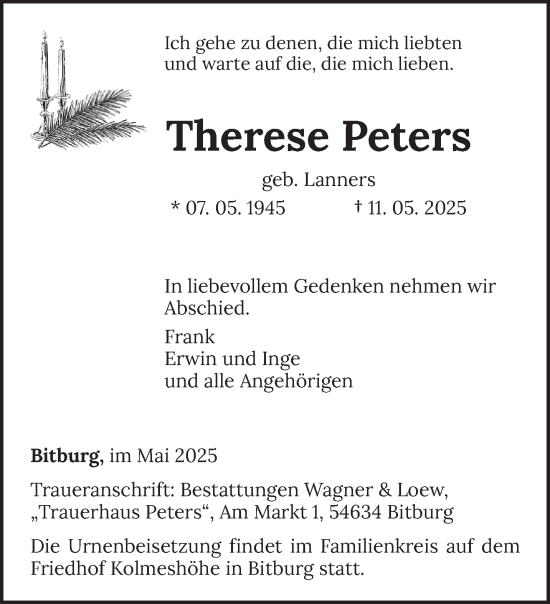 Traueranzeige von Therese Peters von trierischer_volksfreund