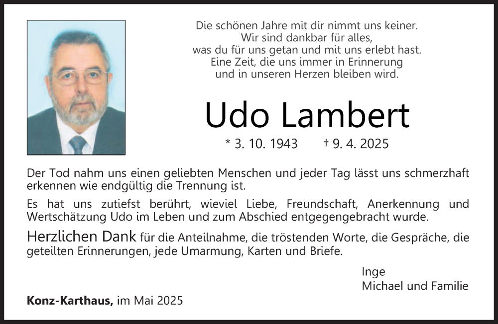  Traueranzeige für Udo Lambert vom 10.05.2025 aus trierischer_volksfreund