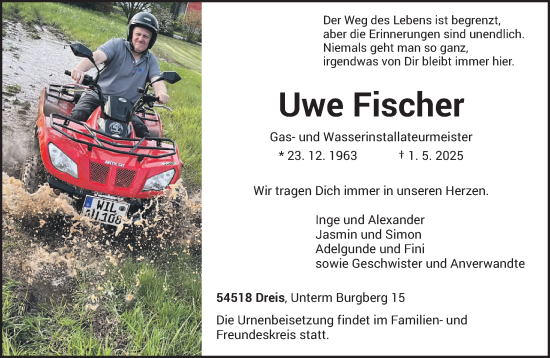 Traueranzeige von Uwe Fischer von trierischer_volksfreund
