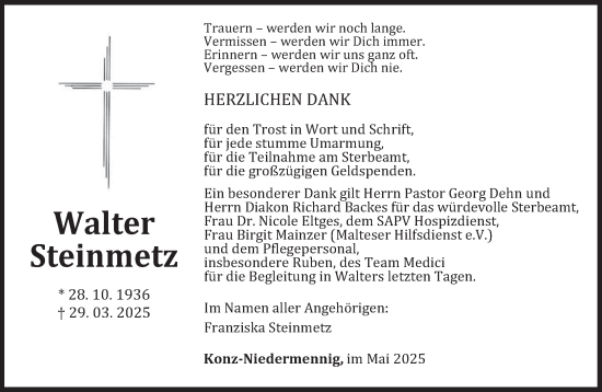 Traueranzeige von Walter Steinmetz von trierischer_volksfreund