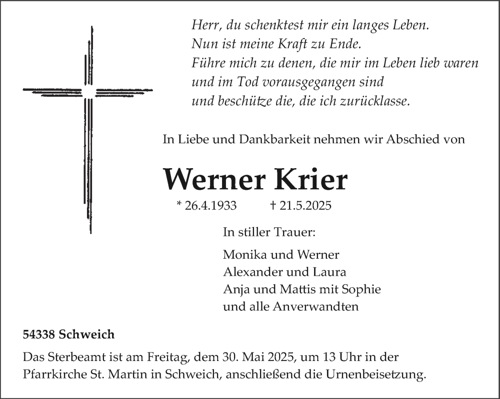  Traueranzeige für Werner Krier vom 24.05.2025 aus trierischer_volksfreund