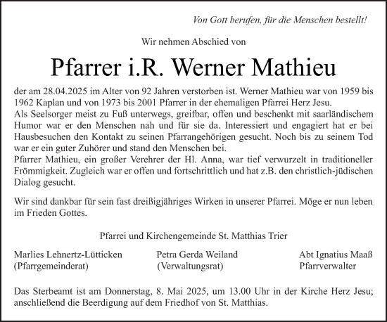 Traueranzeige von Werner Mathieu von trierischer_volksfreund