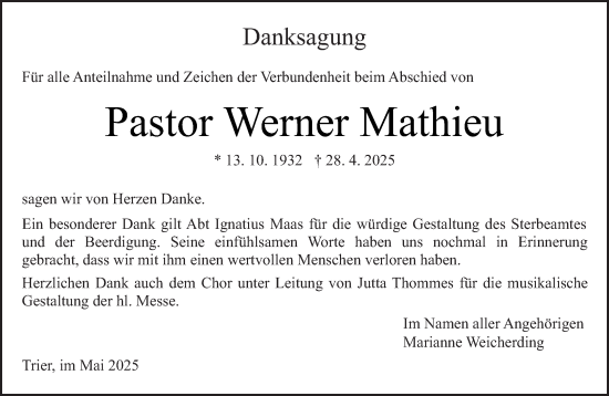 Traueranzeige von Werner Mathieu von trierischer_volksfreund