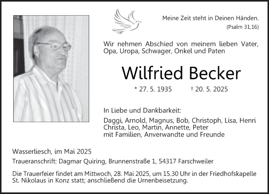 Traueranzeige von Wilfried Becker von trierischer_volksfreund