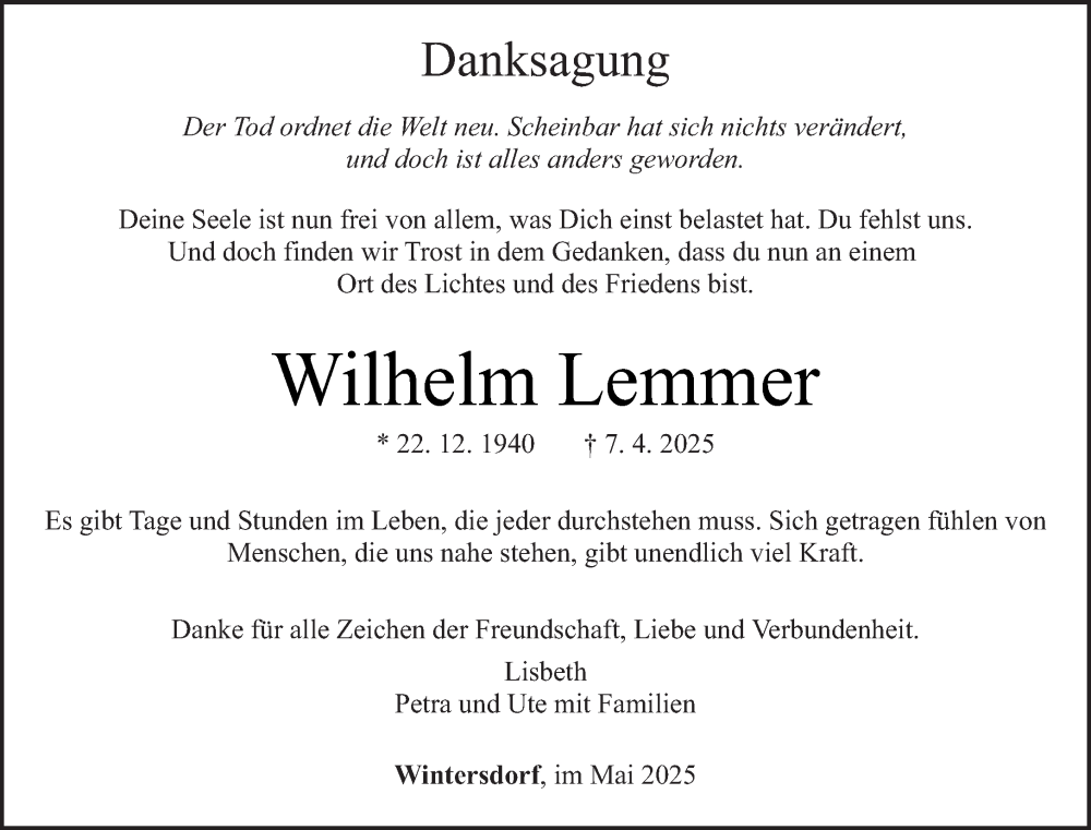 Traueranzeige für Wilhelm Lemmer vom 24.05.2025 aus trierischer_volksfreund