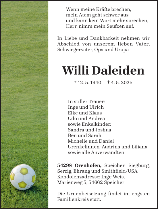Traueranzeige von Willi Daleiden von trierischer_volksfreund