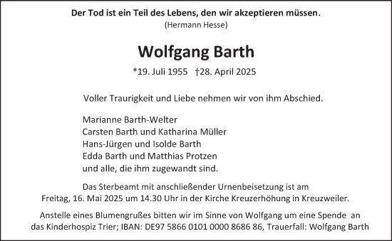 Traueranzeige von Wolfgang Barth von trierischer_volksfreund