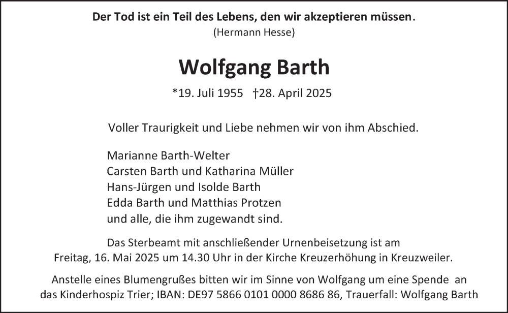  Traueranzeige für Wolfgang Barth vom 10.05.2025 aus trierischer_volksfreund