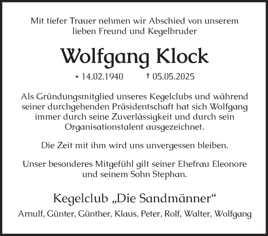Traueranzeige von Wolfgang Klock von trierischer_volksfreund