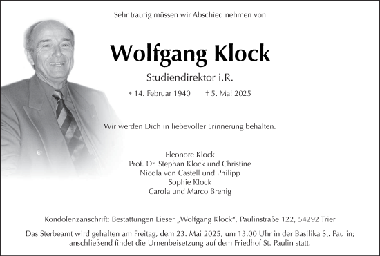 Traueranzeige von Wolfgang Klock von trierischer_volksfreund