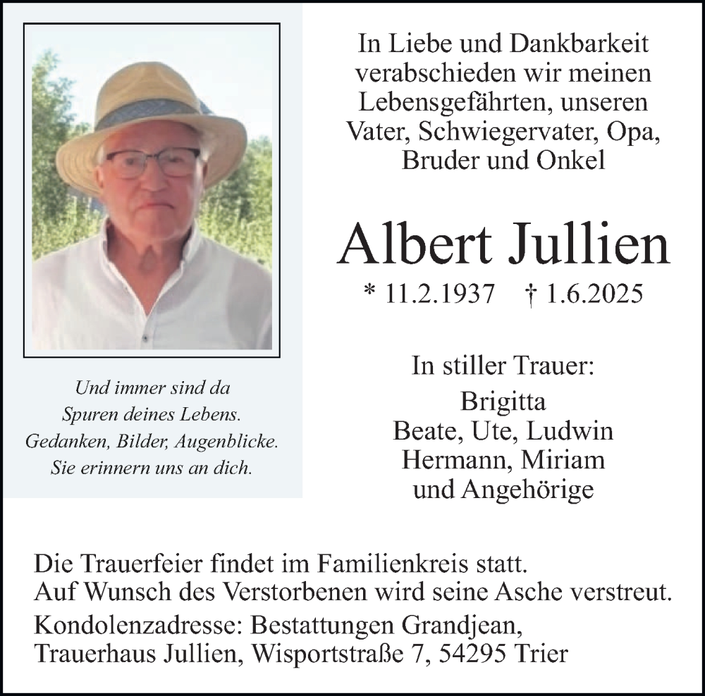  Traueranzeige für Albert Jullien vom 07.06.2025 aus trierischer_volksfreund