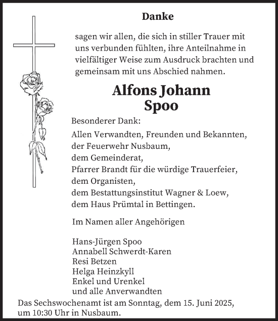 Traueranzeige von Alfons Johann Spoo von trierischer_volksfreund