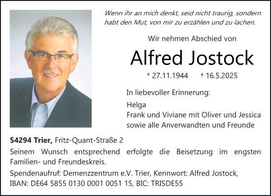 Traueranzeige von Alfred Jostock von trierischer_volksfreund