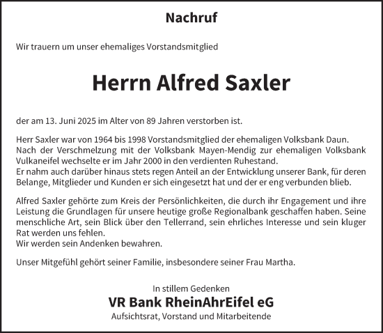 Traueranzeige von Alfred Saxler von trierischer_volksfreund