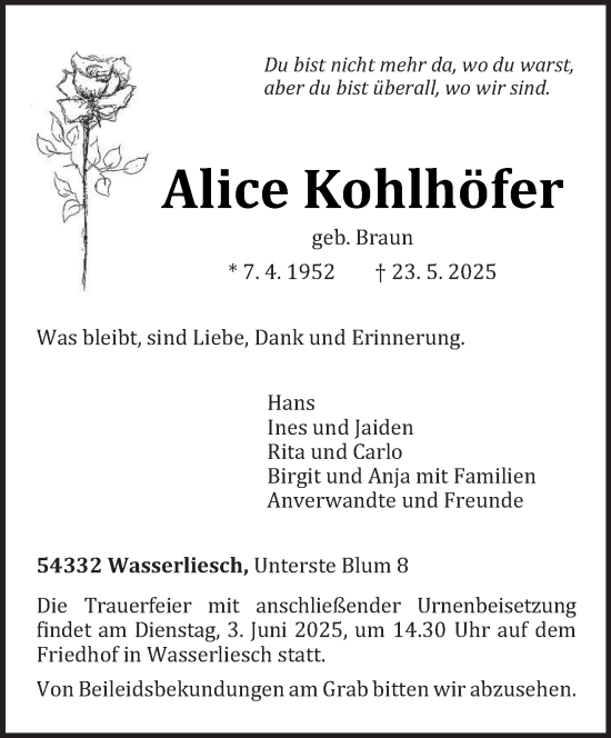 Traueranzeige von Alice Kohlhöfer von trierischer_volksfreund