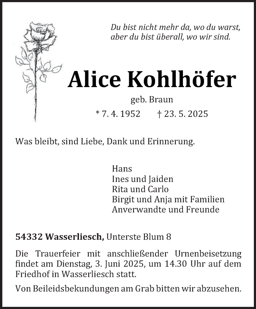  Traueranzeige für Alice Kohlhöfer vom 31.05.2025 aus trierischer_volksfreund