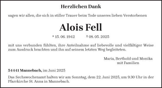Traueranzeige von Alois Fell von trierischer_volksfreund