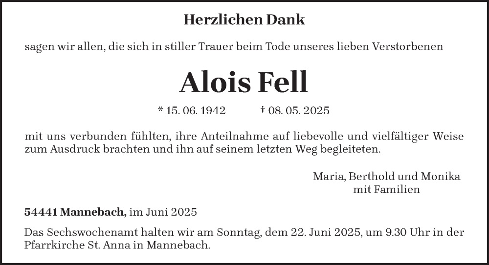  Traueranzeige für Alois Fell vom 14.06.2025 aus trierischer_volksfreund