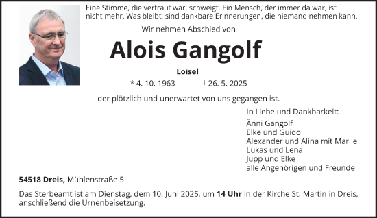 Traueranzeige von Alois Gangolf von trierischer_volksfreund