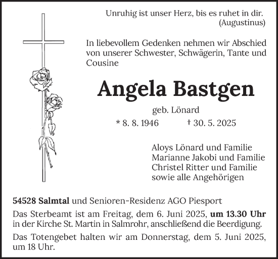 Traueranzeige von Angela Bastgen von trierischer_volksfreund