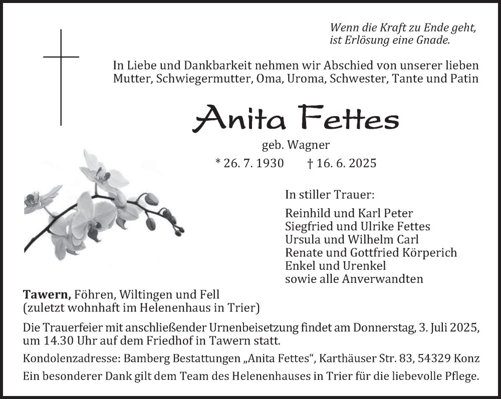  Traueranzeige für Anita Fettes vom 28.06.2025 aus trierischer_volksfreund
