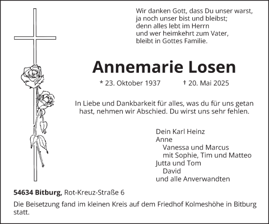 Traueranzeige von Annemarie Losen von trierischer_volksfreund
