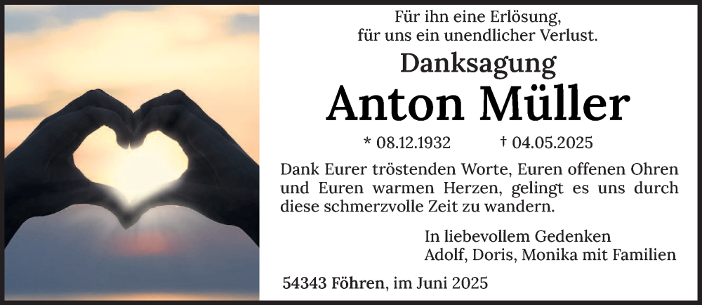  Traueranzeige für Anton Müller vom 14.06.2025 aus trierischer_volksfreund