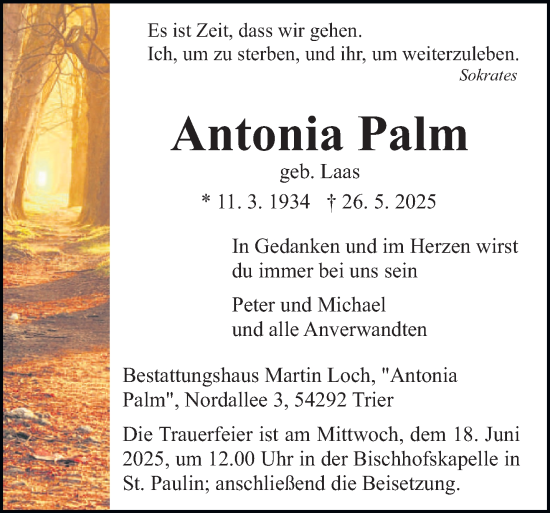 Traueranzeige von Antonia Palm von trierischer_volksfreund