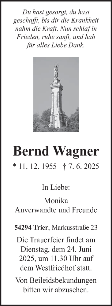  Traueranzeige für Bernd Wagner vom 21.06.2025 aus trierischer_volksfreund