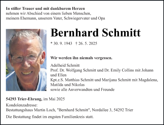 Traueranzeige von Bernhard Schmitt von trierischer_volksfreund