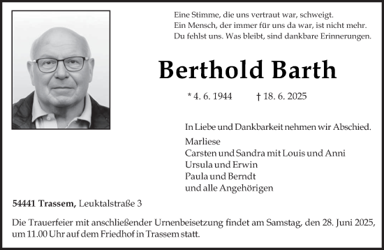 Traueranzeige von Berthold Barth von trierischer_volksfreund
