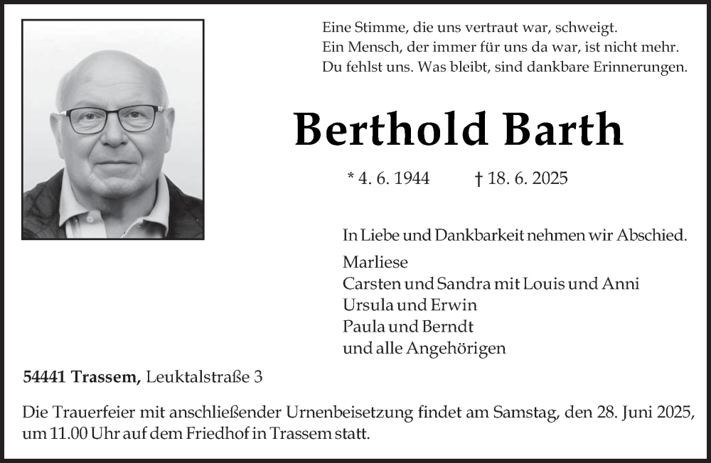  Traueranzeige für Berthold Barth vom 25.06.2025 aus trierischer_volksfreund