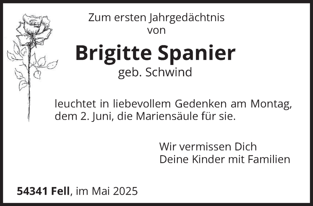  Traueranzeige für Brigitte Spanier vom 31.05.2025 aus trierischer_volksfreund