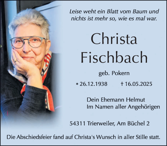 Traueranzeige von Christa Fischbach von trierischer_volksfreund