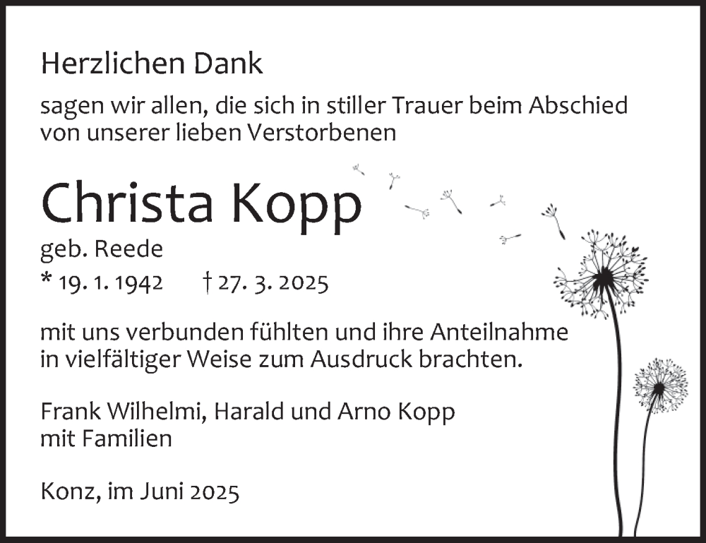  Traueranzeige für Christa Kopp vom 28.06.2025 aus trierischer_volksfreund