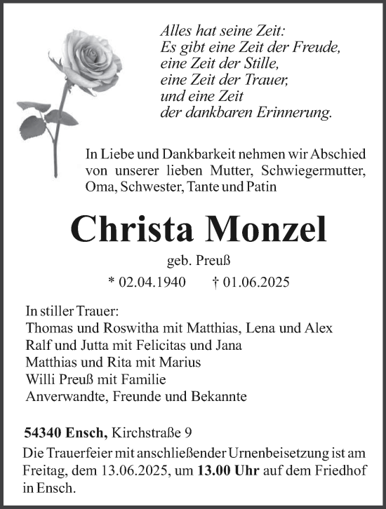 Traueranzeige von Christa Monzel von trierischer_volksfreund