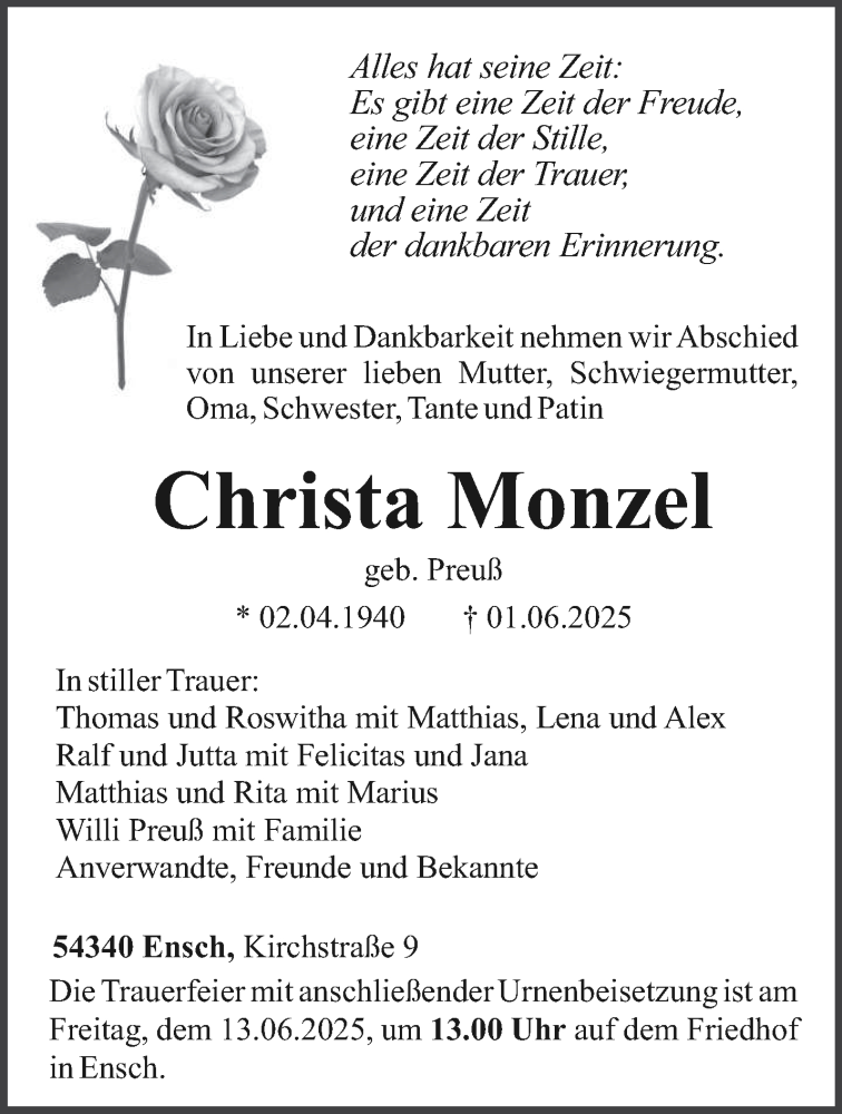  Traueranzeige für Christa Monzel vom 07.06.2025 aus trierischer_volksfreund