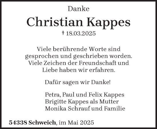 Traueranzeige von Christian Kappes von trierischer_volksfreund