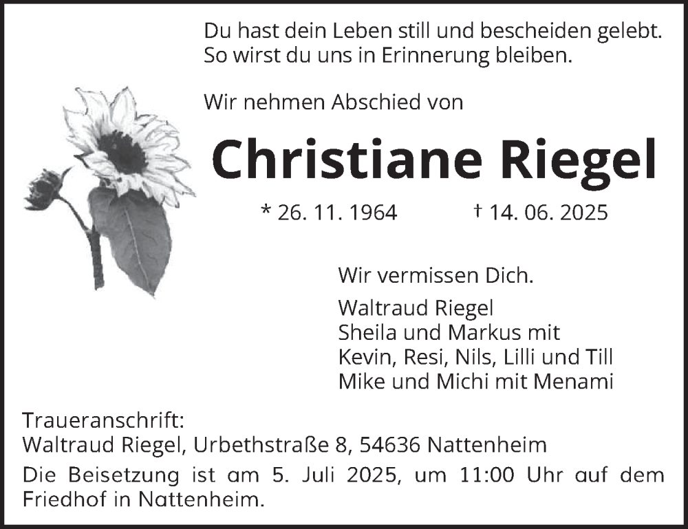  Traueranzeige für Christiane Riegel vom 28.06.2025 aus trierischer_volksfreund