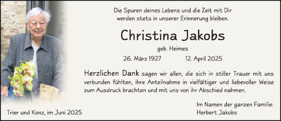 Traueranzeige von Christina Jakobs von trierischer_volksfreund