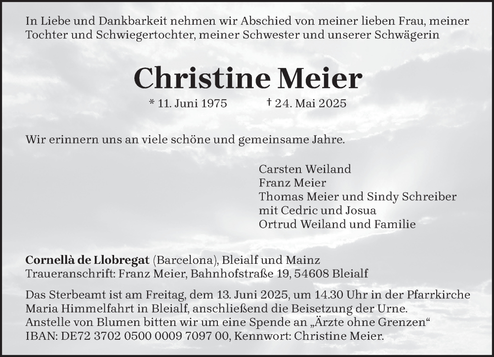  Traueranzeige für Christine Meier vom 11.06.2025 aus trierischer_volksfreund