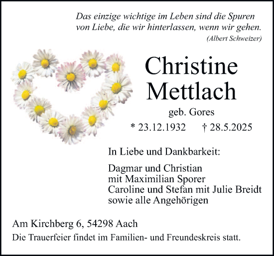 Traueranzeige von Christine Mettlach von trierischer_volksfreund