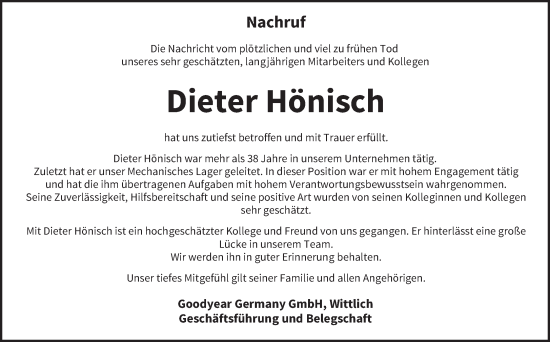 Traueranzeige von Dieter Hönisch von trierischer_volksfreund