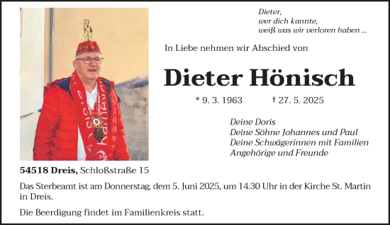 Traueranzeige von Dieter Hönisch von trierischer_volksfreund