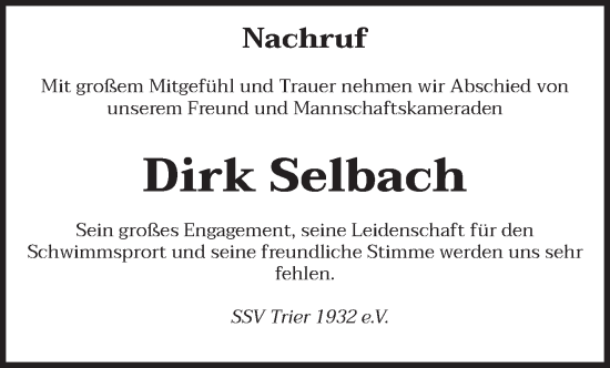 Traueranzeige von Dirk Selbach von trierischer_volksfreund