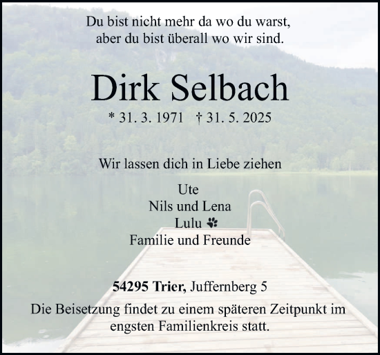 Traueranzeige von Dirk Selbach von trierischer_volksfreund