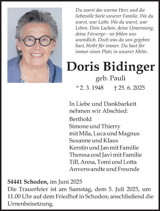Traueranzeige von Doris Bidinger von trierischer_volksfreund