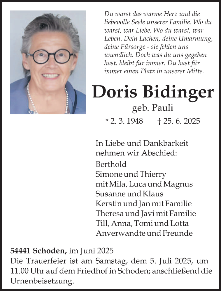  Traueranzeige für Doris Bidinger vom 28.06.2025 aus trierischer_volksfreund